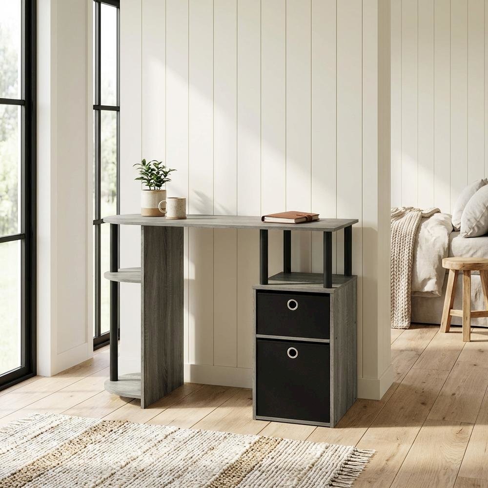 French Oak Grey/Black Study Desk with Bin Drawers for Home Office