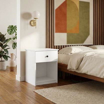 White wooden nightstand with drawer and modern design for bedroom storage