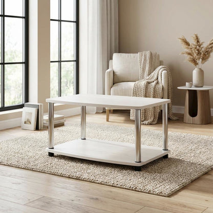 White Oak, Chrome TV Stand, Elevated 2-Tier Design, Wooden Construction