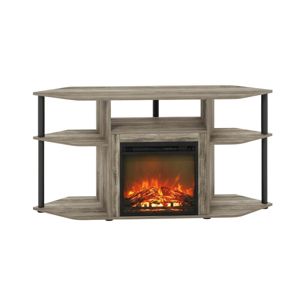 Gray open storage corner fireplace TV stand, 55-inch screens, wood veneer finish