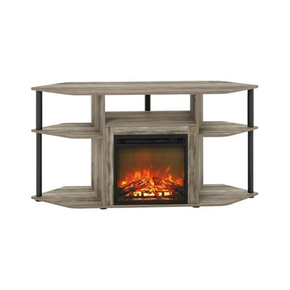 Gray open storage corner fireplace TV stand, 55-inch screens, wood veneer finish
