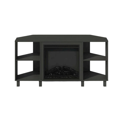 Brown electric fireplace corner TV stand with storage and media center features
