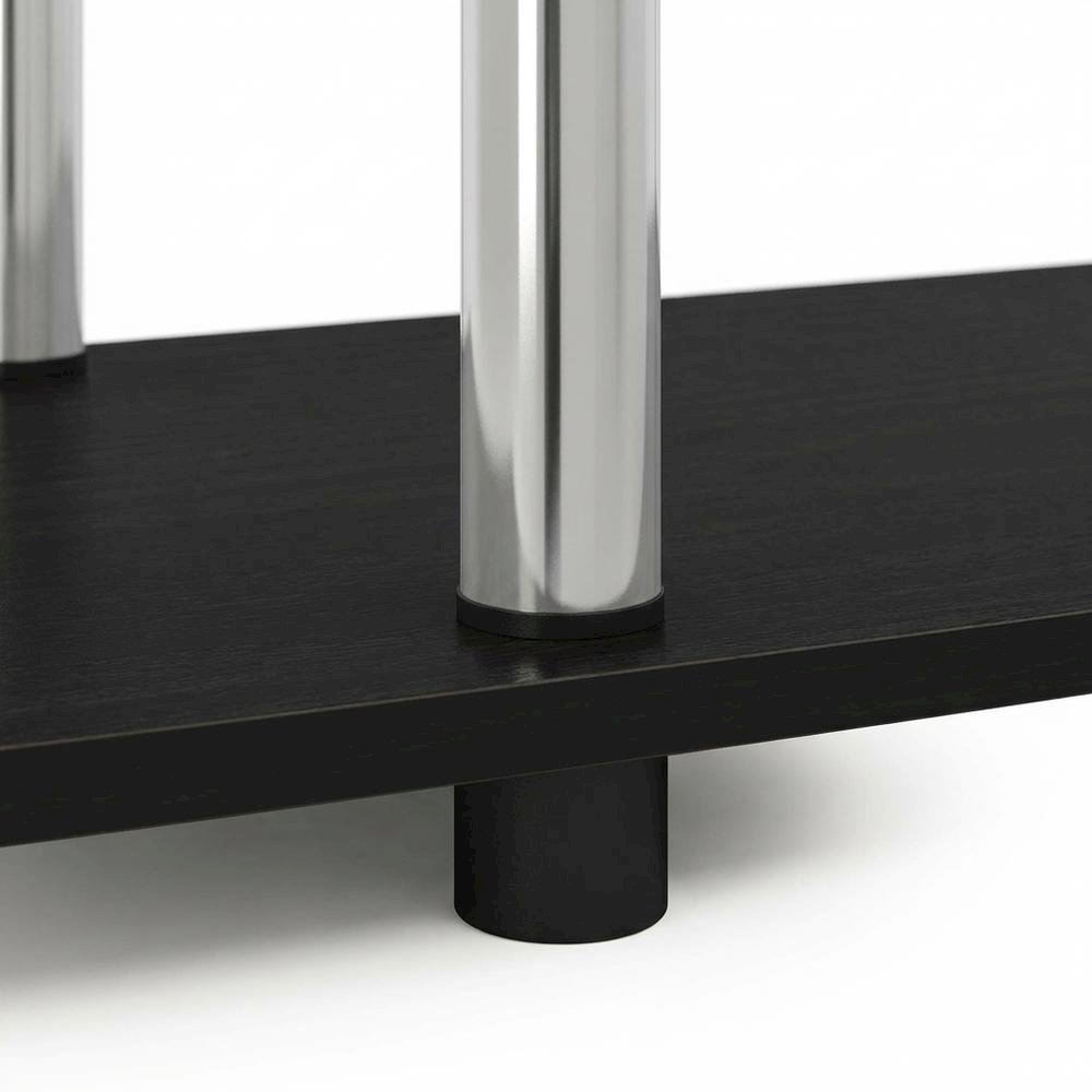 Wood TV stand in Americano, Chrome finish, three-tier shelving, media storage