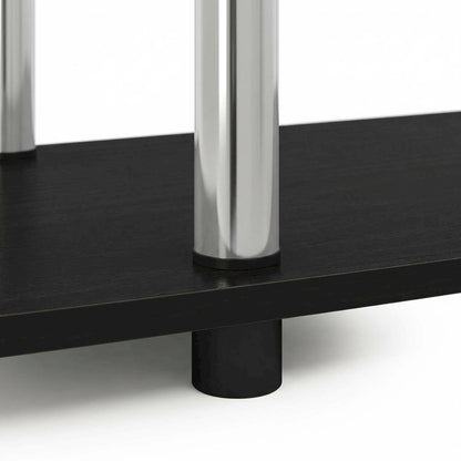 Wood TV stand in Americano, Chrome finish, three-tier shelving, media storage