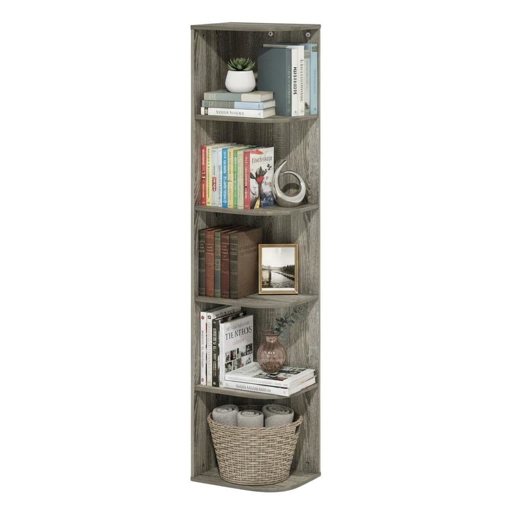 Corner Open Shelf Bookcase in French Oak Finish for Residential Storage