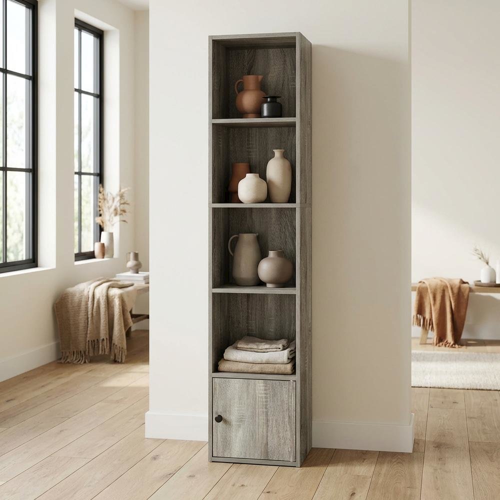 Brown 5-Tier Shelf Bookcase with Door Storage Cabinet for Living Room