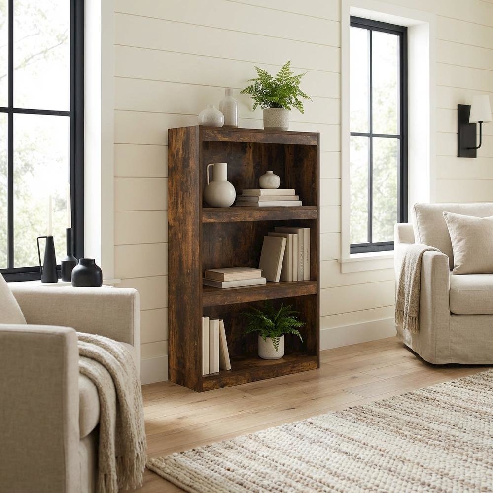 Amber Pine 3-Tier Adjustable Shelf Bookcase with Space-Saving Design