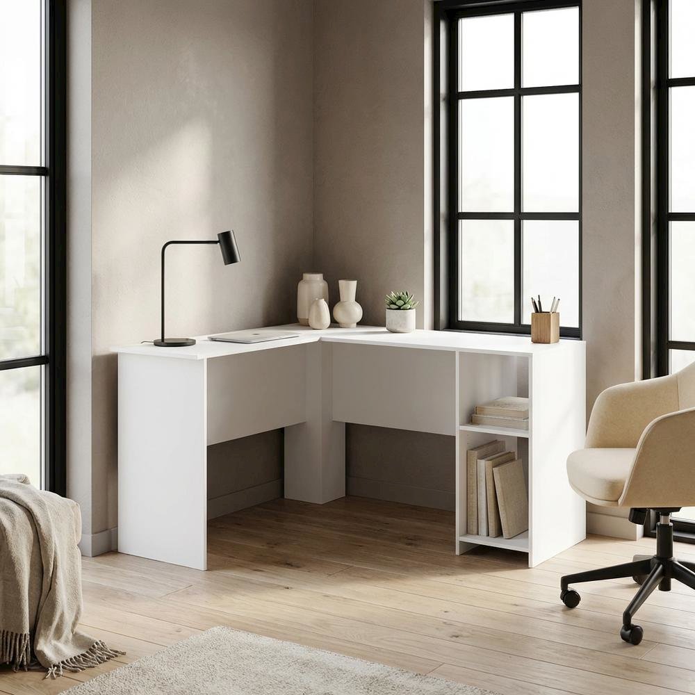 White L-Shaped Desk with Bookshelves for Home Office and Study Space