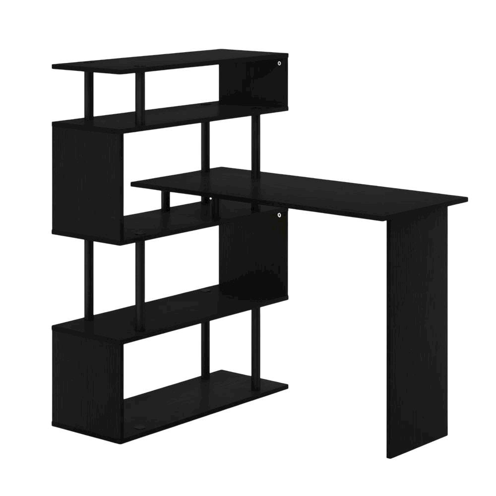 L-Shaped Computer Desk with 5-Tier Shelves, Amber Finish, Space-Saving Workspace