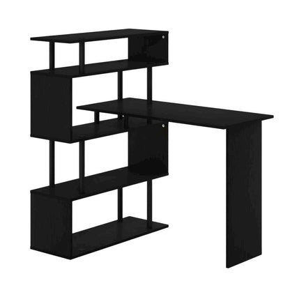 L-Shaped Computer Desk with 5-Tier Shelves, Amber Finish, Space-Saving Workspace