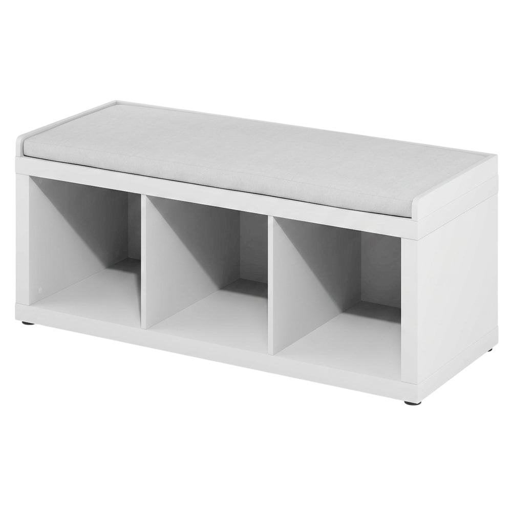 White 3-Cube Storage Bench, Cushioned Seat, Open Compartments, Entryway Bench