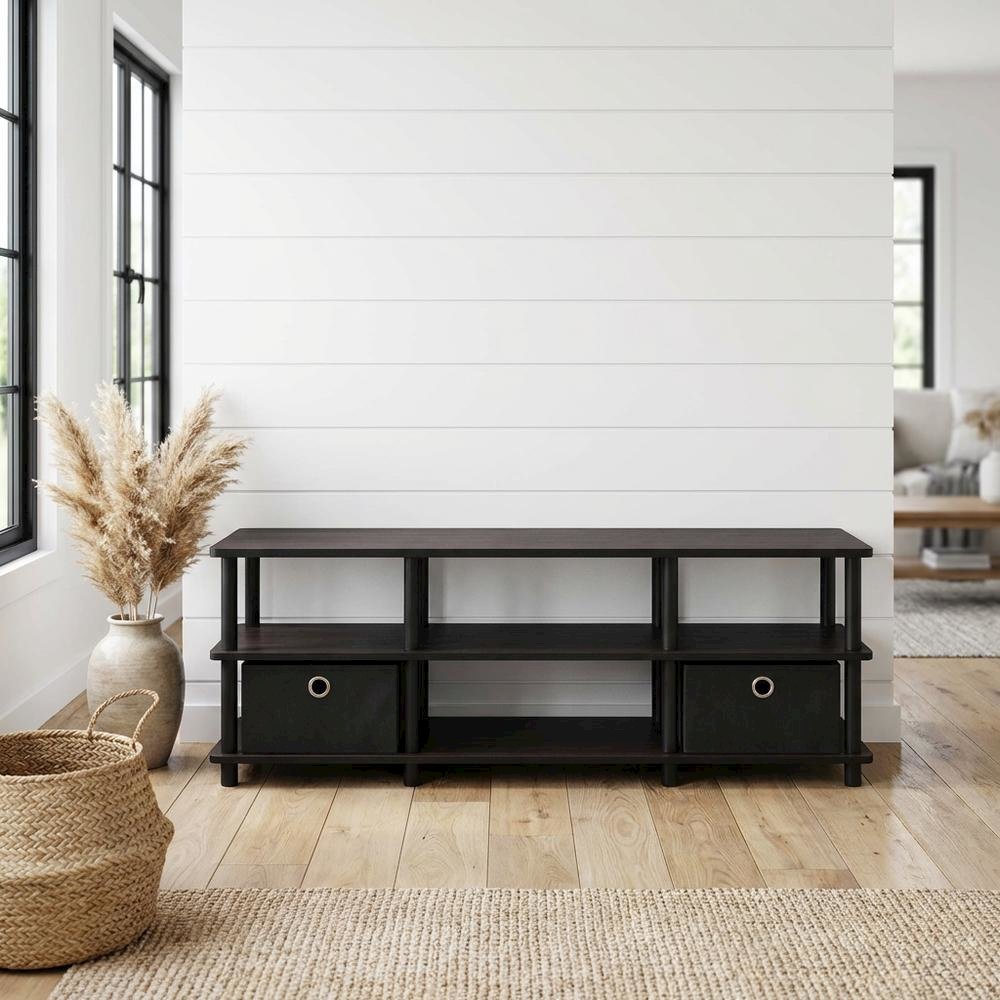 Espresso/Black TV Stand with Storage Bins and Wood Construction