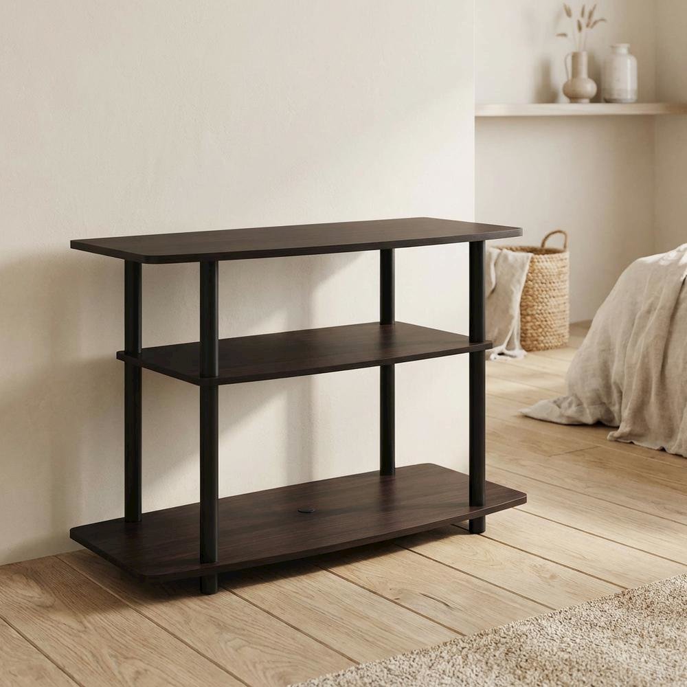 Dark Walnut TV stand with 3-tier open shelves and modern design