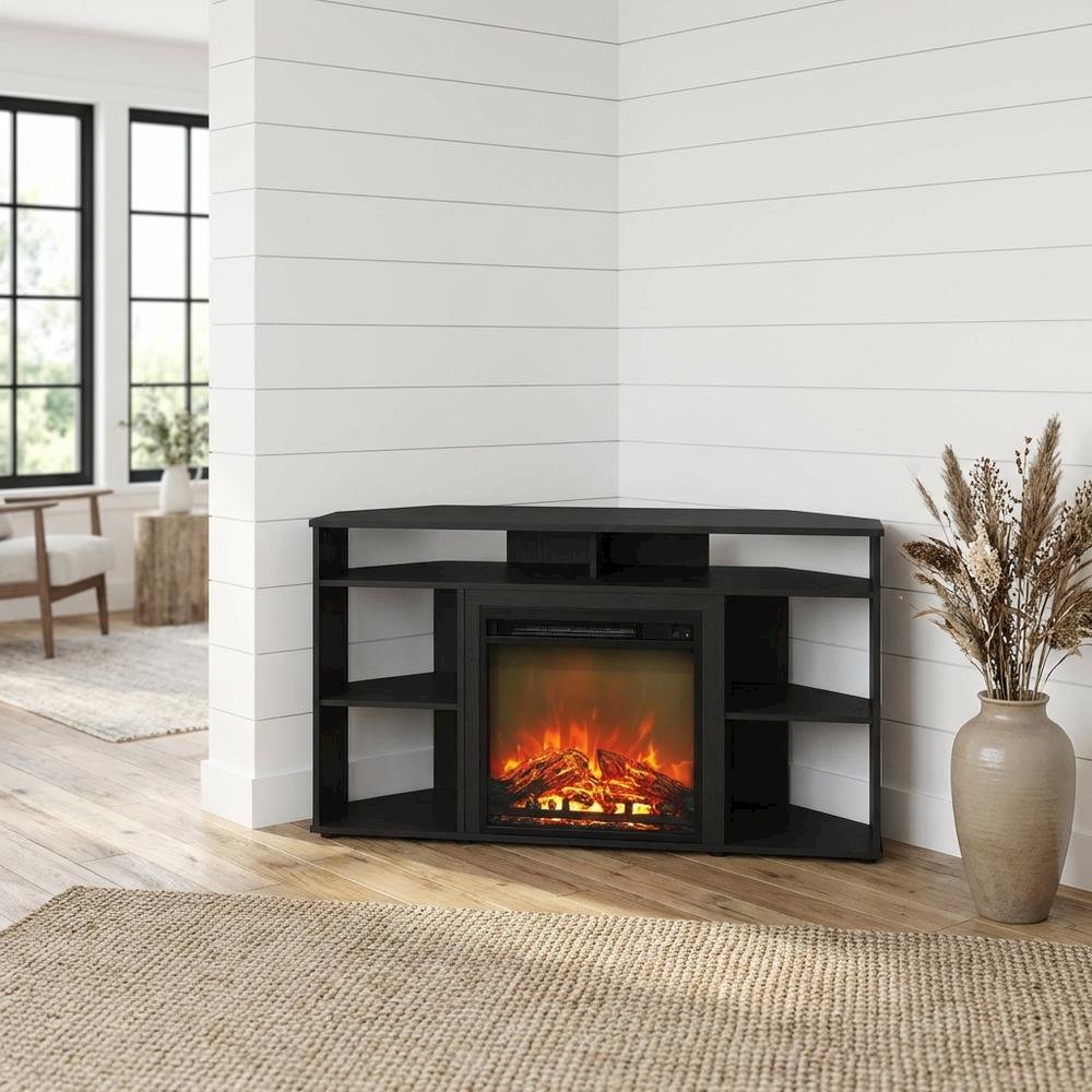 Wooden corner TV stand with fireplace for up to 55-inch screens, Americano style
