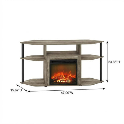 Gray open storage corner fireplace TV stand, 55-inch screens, wood veneer finish