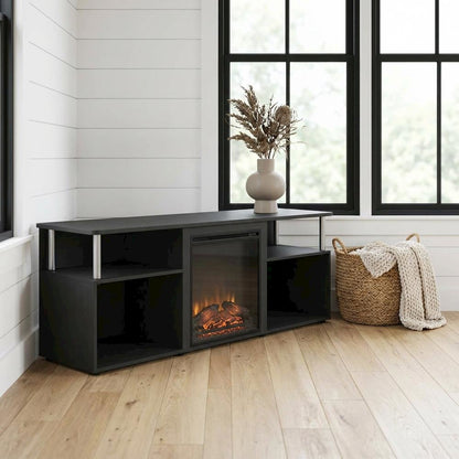 Brown electric fireplace corner TV stand, up to 70-inch screen, rubberwood