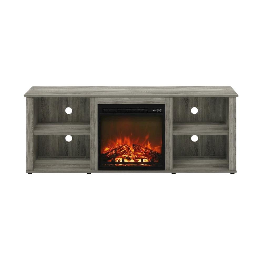 Wood TV Stand with Fireplace and French Oak Grey Finish, Modern Design