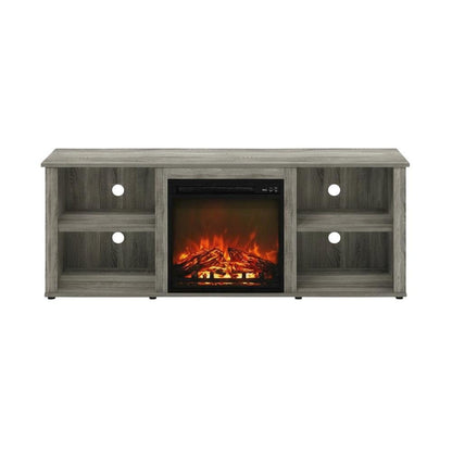 Wood TV Stand with Fireplace and French Oak Grey Finish, Modern Design