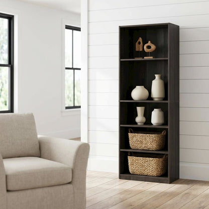 Espresso 5-Shelf Bookcase with Spacious Storage and Modern Design