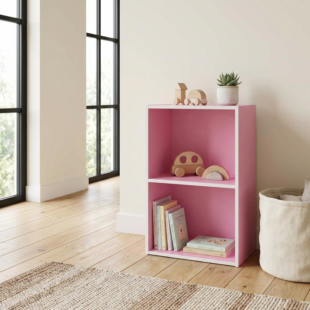 Pink 2-Tier Open Shelf Bookcase with Wooden Construction
