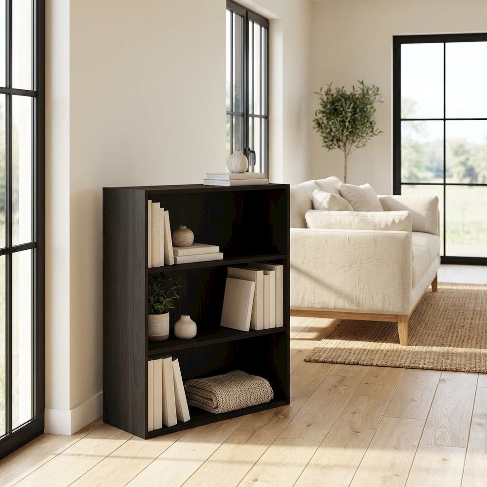 Three-Tier Open Shelf Bookcase in Espresso Finish for Storage and Display