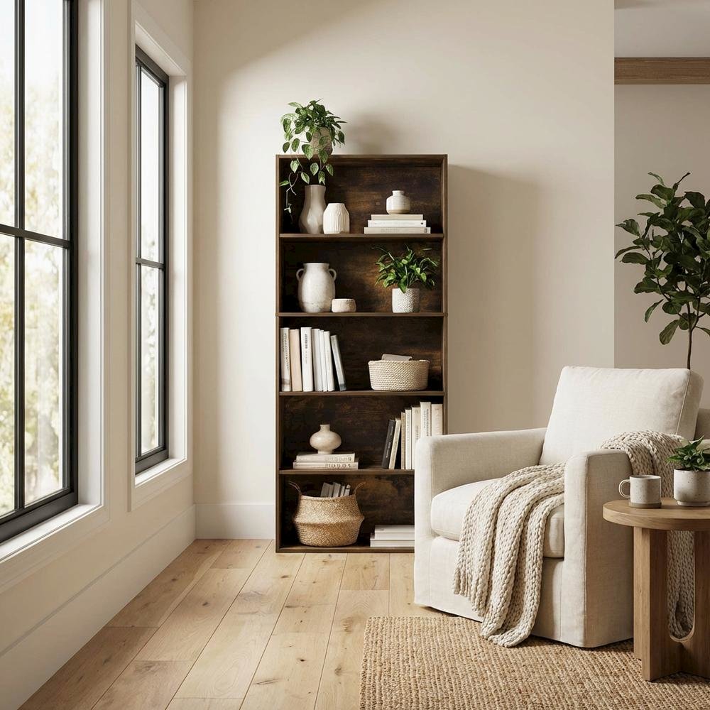 Amber Pine 5-Tier Bookshelf with Adjustable Shelves for Organization