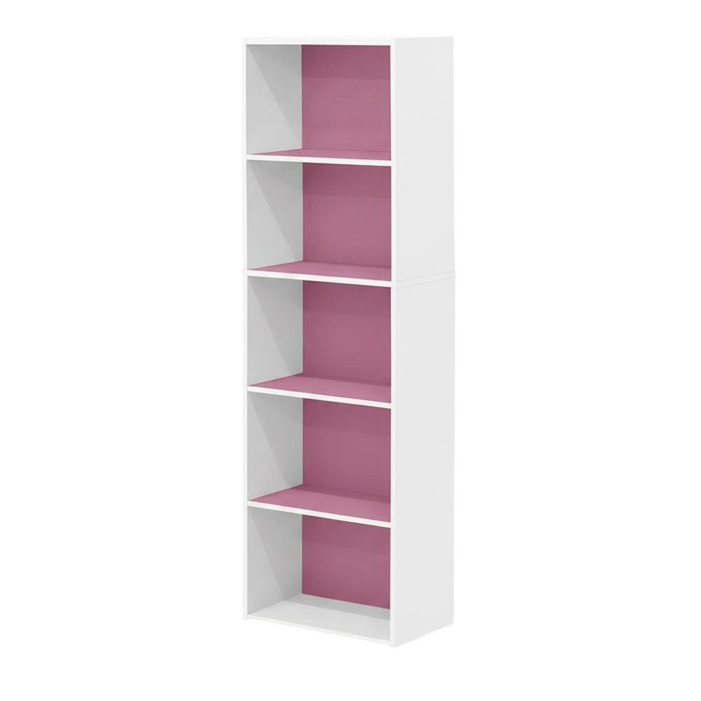 White and Pink Reversible Open Shelf Bookcase, 5-Tier for Organized Storage
