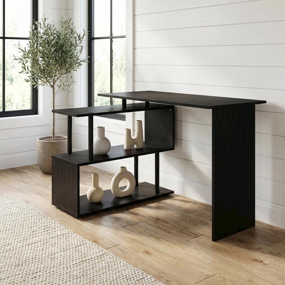 L-Shape Computer Desk with 3-Tier Shelves - Americano/Black Modern Design