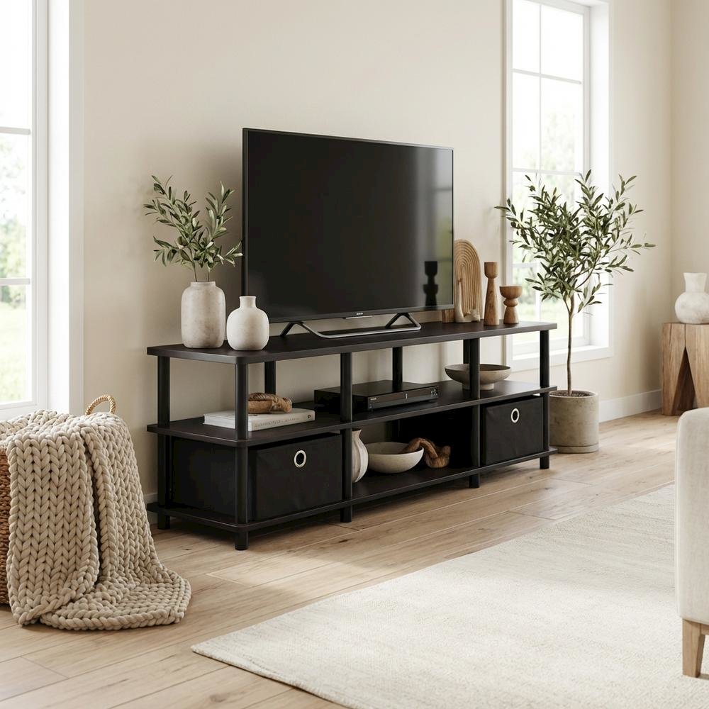 Espresso/Black TV Stand with Storage Bins and Wood Construction