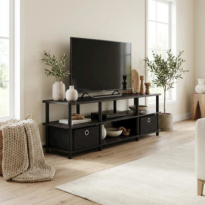 Espresso/Black TV Stand with Storage Bins and Wood Construction