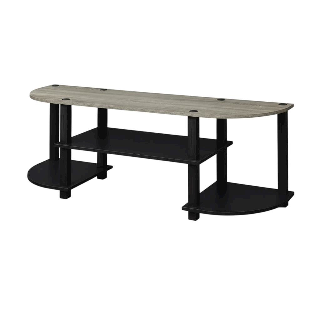 Wide TV entertainment center in French Oak Grey, black, wood, PVC tubes