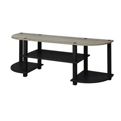 Wide TV entertainment center in French Oak Grey, black, wood, PVC tubes