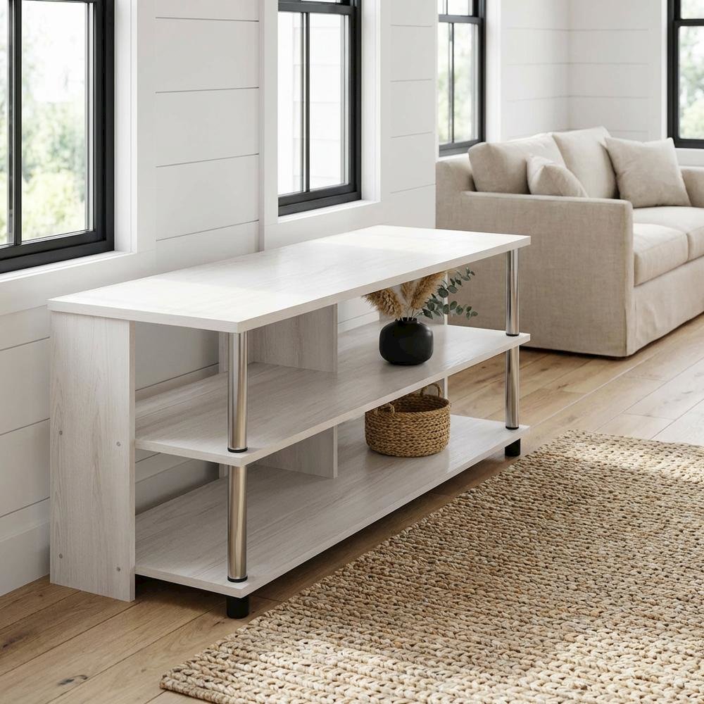 White Oak TV Stand, 3-Tier Design, Stainless Steel Tubes, up to 48 inches