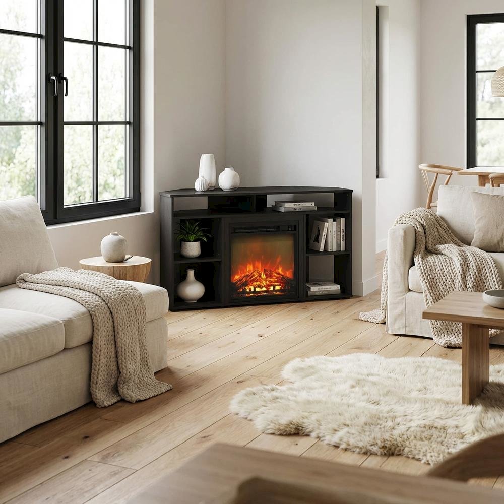 Wooden corner TV stand with fireplace for up to 55-inch screens, Americano style