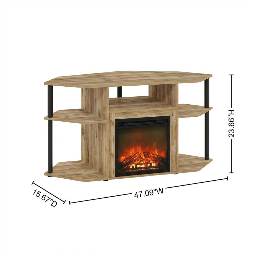 Black open storage corner fireplace TV stand, spacious shelves, 55-inch screens