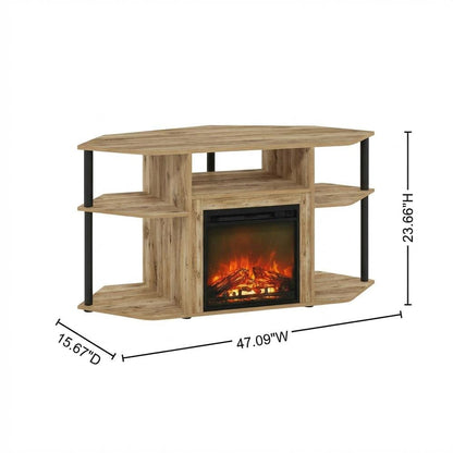 Black open storage corner fireplace TV stand, spacious shelves, 55-inch screens