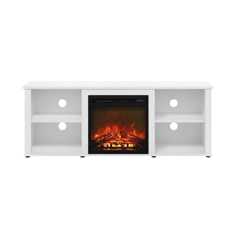 Solid White TV Stand with Fireplace and Wood Construction for Living Room