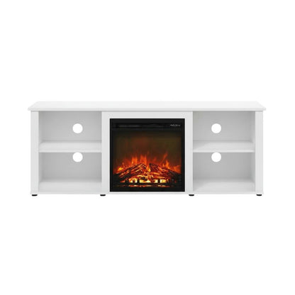 Solid White TV Stand with Fireplace and Wood Construction for Living Room