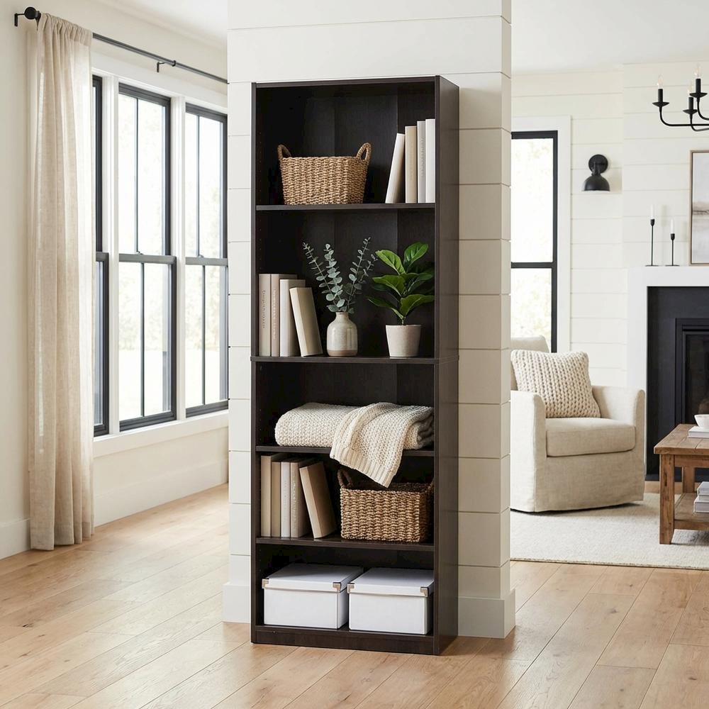 Espresso 5-Shelf Bookcase with Spacious Storage and Modern Design