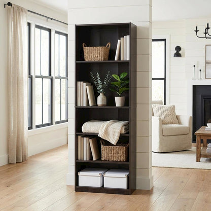 Espresso 5-Shelf Bookcase with Spacious Storage and Modern Design