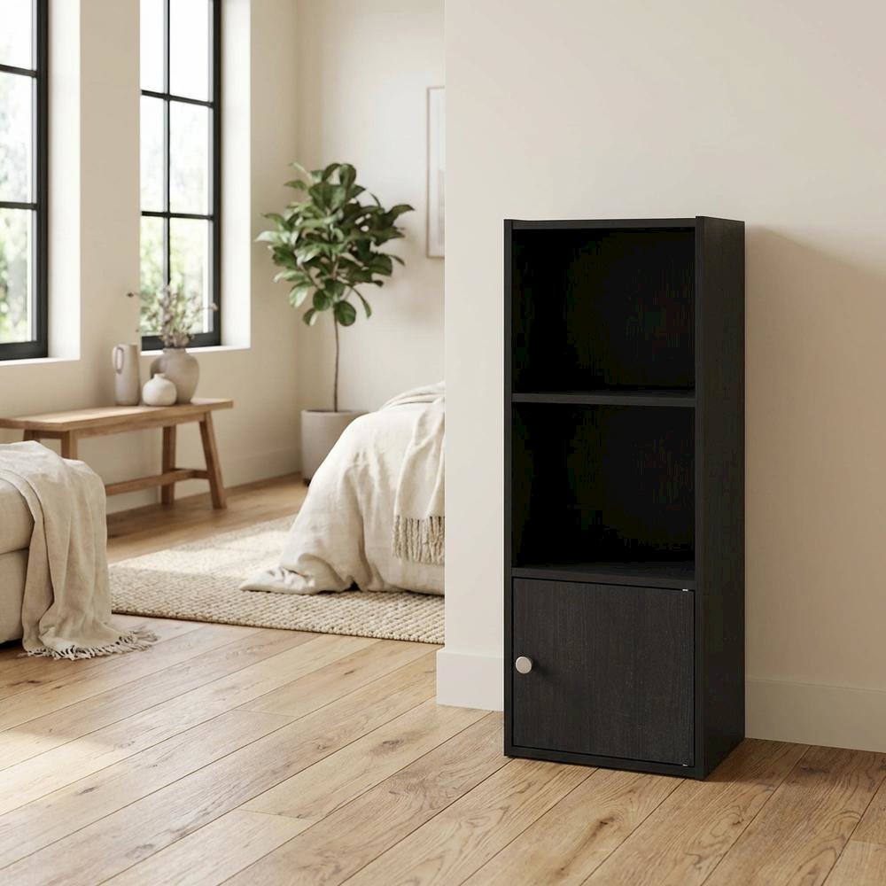 Black 3-Tier Bookcase with Door Storage and Wood Finish
