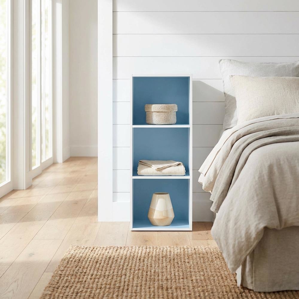 White and Light Blue 3-Tier Open Shelf Bookcase with Spacious Storage