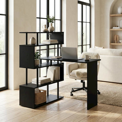 L-Shaped Computer Desk with 5-Tier Shelves, Amber Finish, Space-Saving Workspace