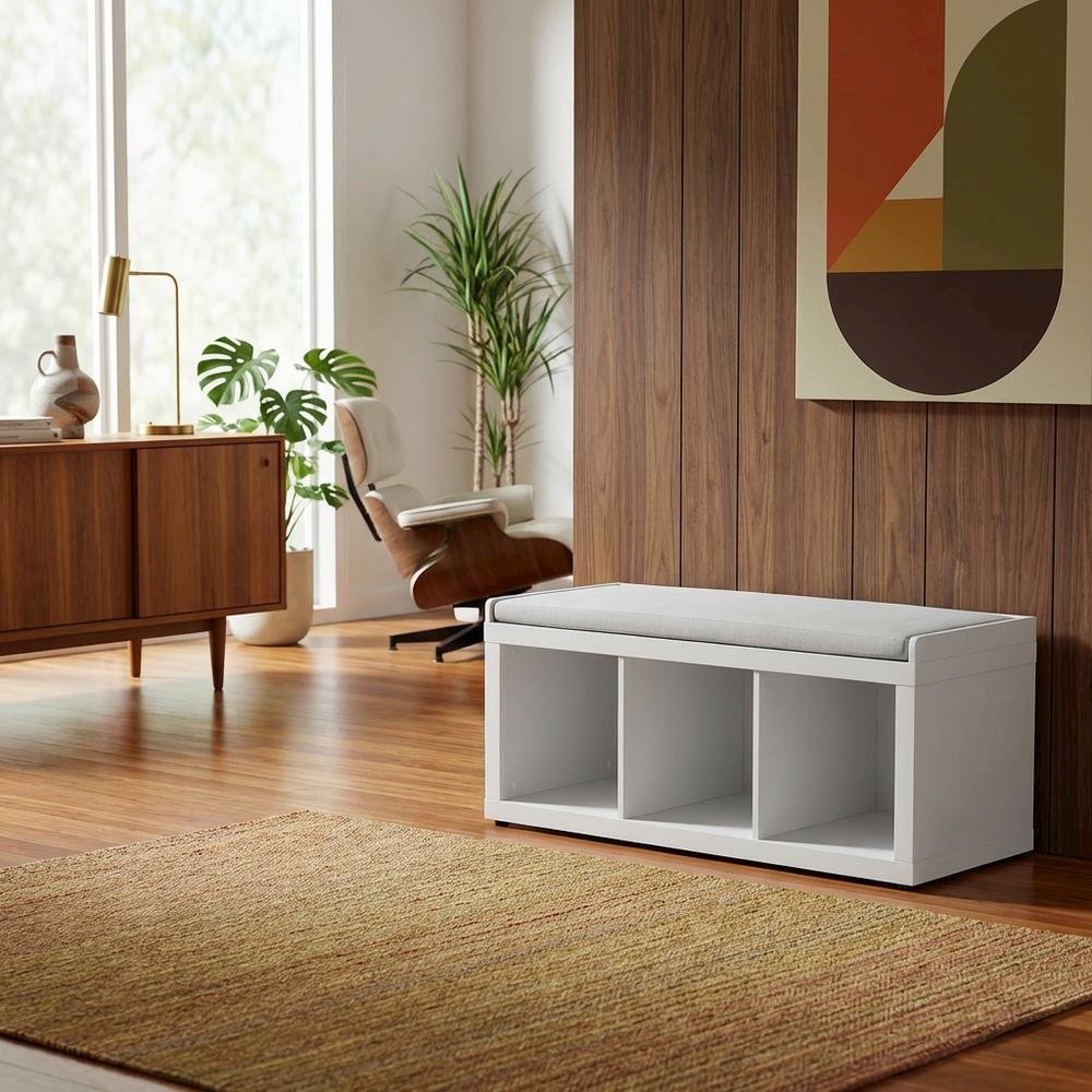 White 3-Cube Storage Bench, Cushioned Seat, Open Compartments, Entryway Bench