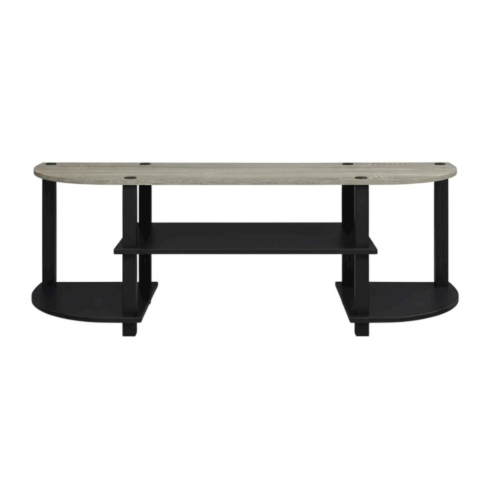 Wide TV entertainment center in French Oak Grey, black, wood, PVC tubes
