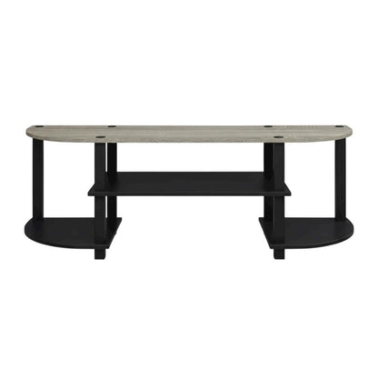 Wide TV entertainment center in French Oak Grey, black, wood, PVC tubes