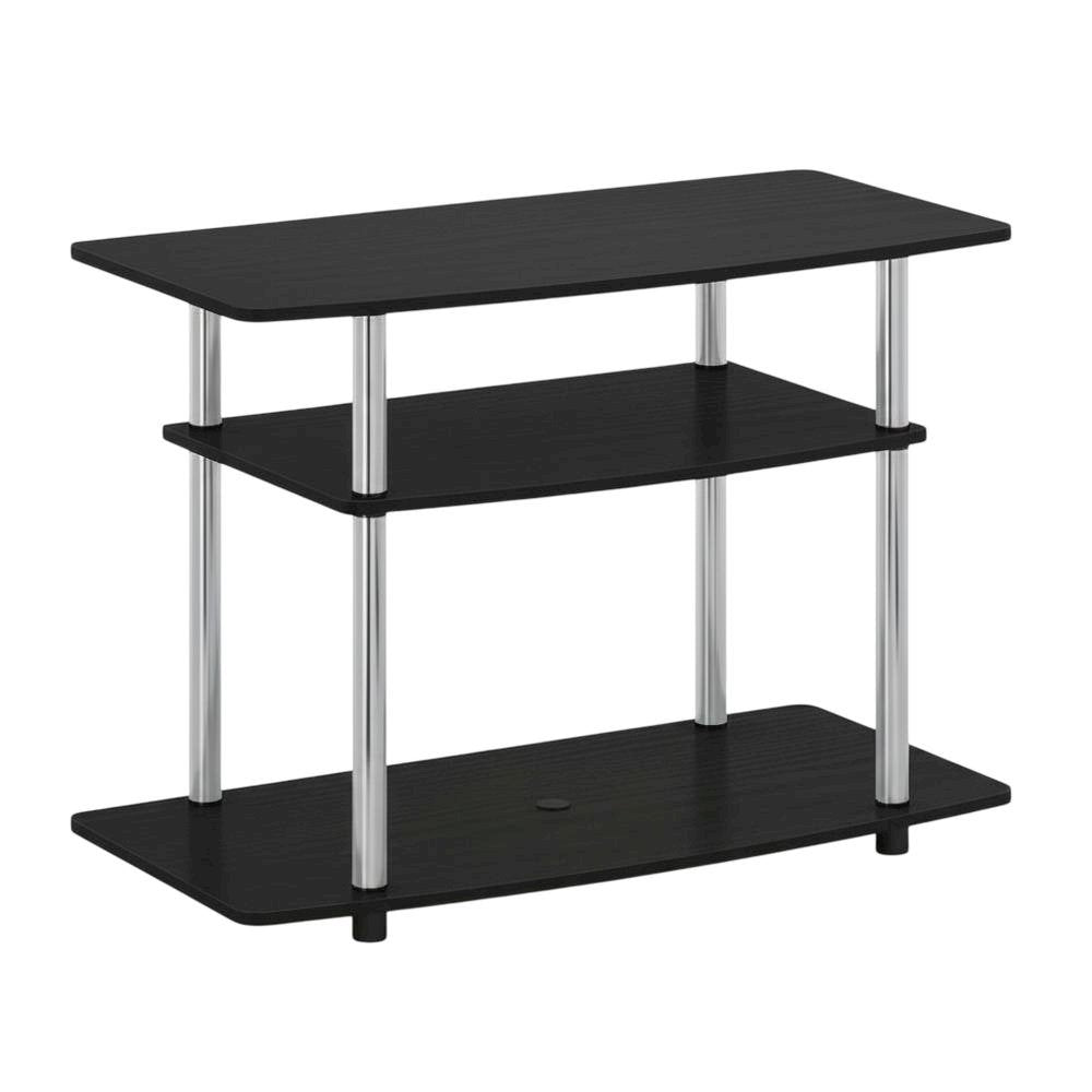 Wood TV stand in Americano, Chrome finish, three-tier shelving, media storage