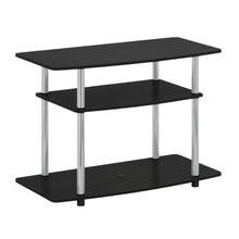 Wood TV stand in Americano, Chrome finish, three-tier shelving, media storage