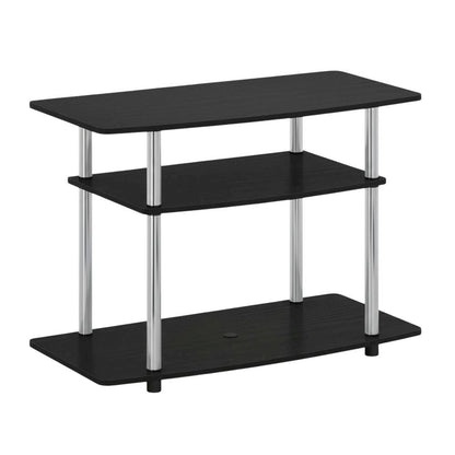 Wood TV stand in Americano, Chrome finish, three-tier shelving, media storage
