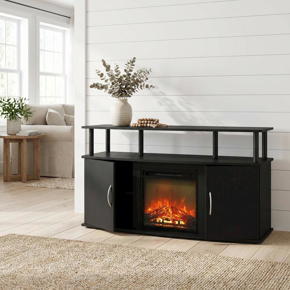 Brown Fireplace Entertainment Center, Doors, Storage Cabinet, 55-Inch TVs